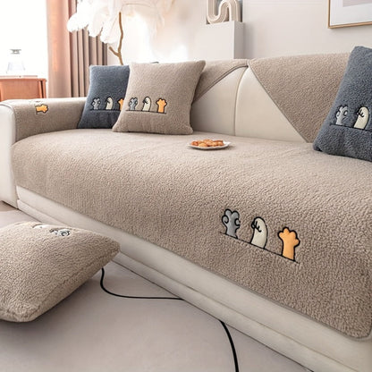 Sofa Cover Thick Plush Shearling Panels with Animal and Bone Embroidery and Non-Slip Feature for 2 to 4 Seats