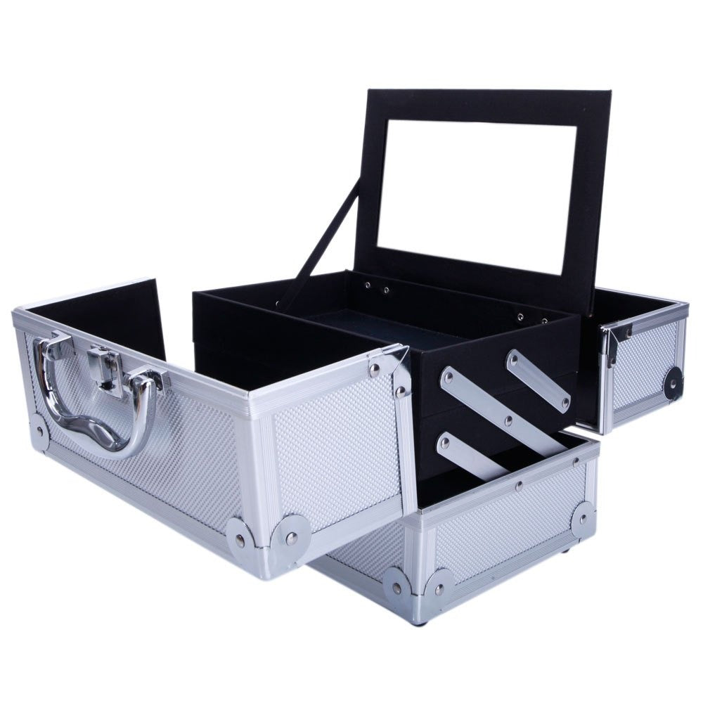 Tabletop Makeup Carry Case with Mirror, Fold-Out Trays and Dividers in Black, Silver or Pink