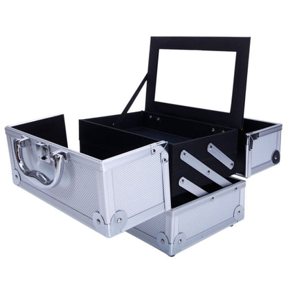 Tabletop Makeup Carry Case with Mirror, Fold-Out Trays and Dividers in Black, Silver or Pink