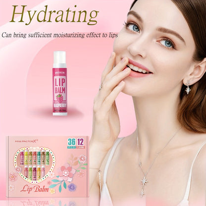 Lip Balm 36-Piece Tinted Gift Set with 12 Flavors, Jojoba Oil Formula and Colorful Tube Packaging