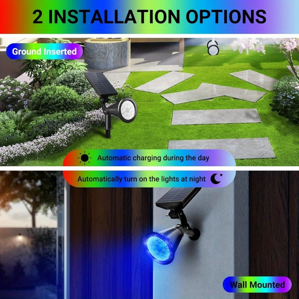 Solar Landscape Lights 2-in-1 Wall & Ground, Independent Adjustable Solar Panel, 8 Color Modes Outdoor Solar Spotlight for Garden