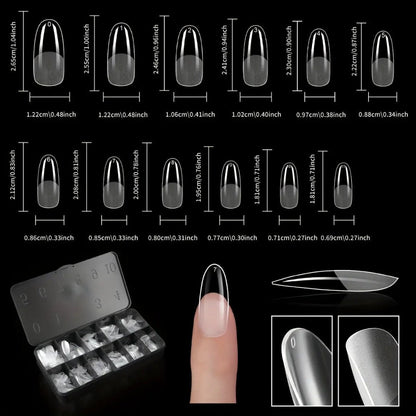 Clear Full-Cover Nail Tips, 600-Piece Set in Nine Almond, Oval, Stiletto, Coffin and Square Length Options