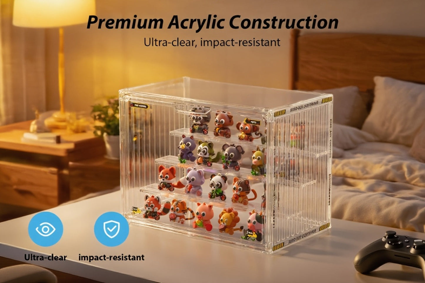 Large Four-Tier Clear Acrylic Figure Display Case with Magnetic Door and Stackable Desktop Design