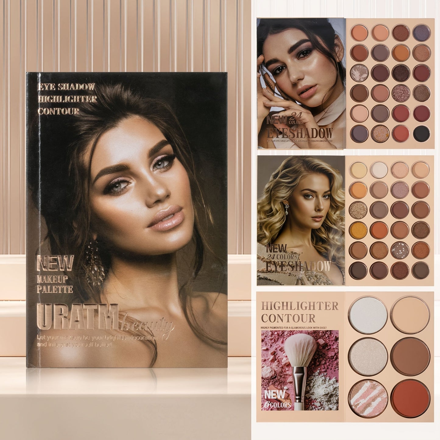 3-in-1 Eyeshadow Blush Highlighter Palette Loose Powder Book-Style Folding Compact Moisturizing Buildable Pigment Luminous Finish for Daily Glam Travel Gift Women
