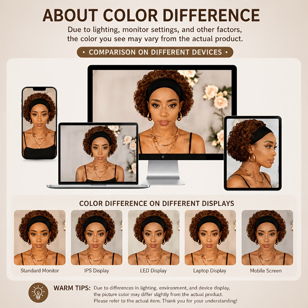 Six-Inch Kinky Curly Headband Wig with Glueless Band in Black, Burgundy or Rust Color Options
