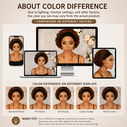 Six-Inch Kinky Curly Headband Wig with Glueless Band in Black, Burgundy or Rust Color Options