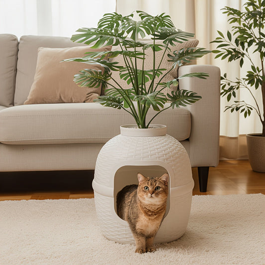 Hidden Litter Box Enclosure with Rattan Plant Design - Large Cat Litter Box Furniture, Waterproof PP, Easy Assembly, Odor Control Indoor Cat Cabinet, Off-White & Pink, Stylish Home Decor