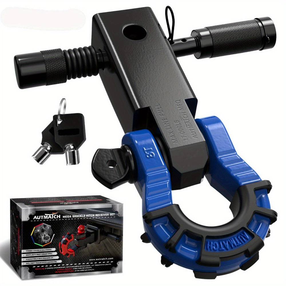 Shackle Hitch Receiver 2-Inch 68,000 lb Break Strength with 3/4" D-Ring & 5/8" Hitch Lock Pin – Heavy Duty Drop Forged Steel 8-Ton Vehicle Recovery Tow Hitch, Multi-Color