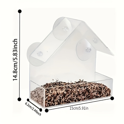 Clear Window-Mount Bird Feeder with Suction Cups, Roofed Seed Tray and Transparent Single Checkout