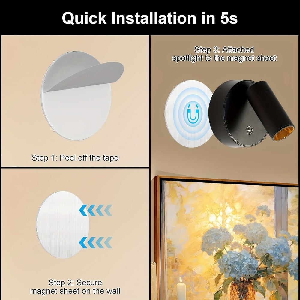 Rechargeable Indoor Spotlight LED – 3-Color Dimmable with Remote & Timer, 350° Adjustable, 2500mAh Battery, Magnetic Base Wall Accent Light for Pictures, Plants & Artwork (White / Black, 1 or 2 Pack)