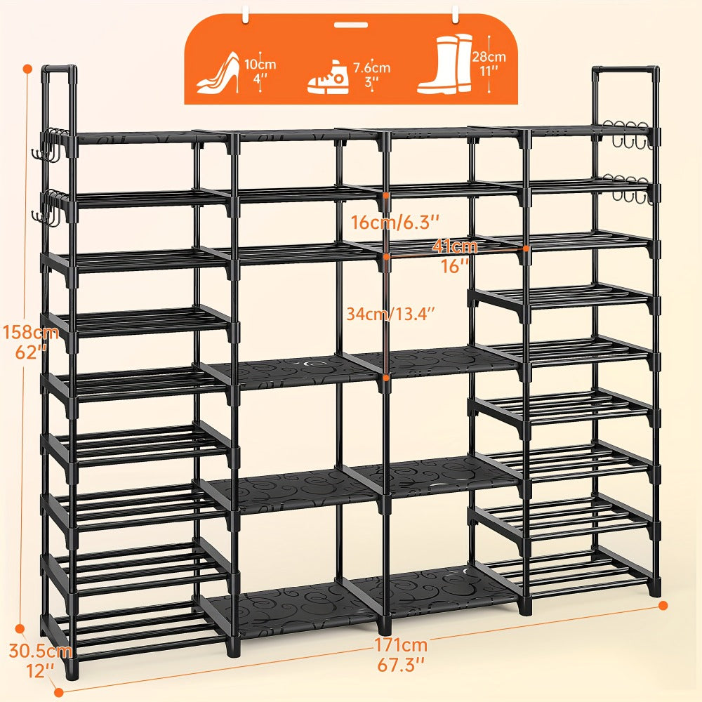 Shoe Rack 4-Row Metal Organizer with 6-Tier 55-Pair or 9-Tier 64-Pair Black Configurations