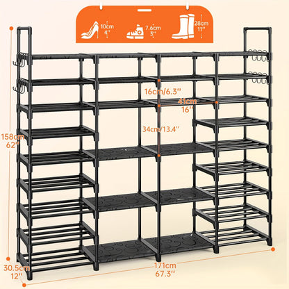 Shoe Rack 4-Row Metal Organizer with 6-Tier 55-Pair or 9-Tier 64-Pair Black Configurations