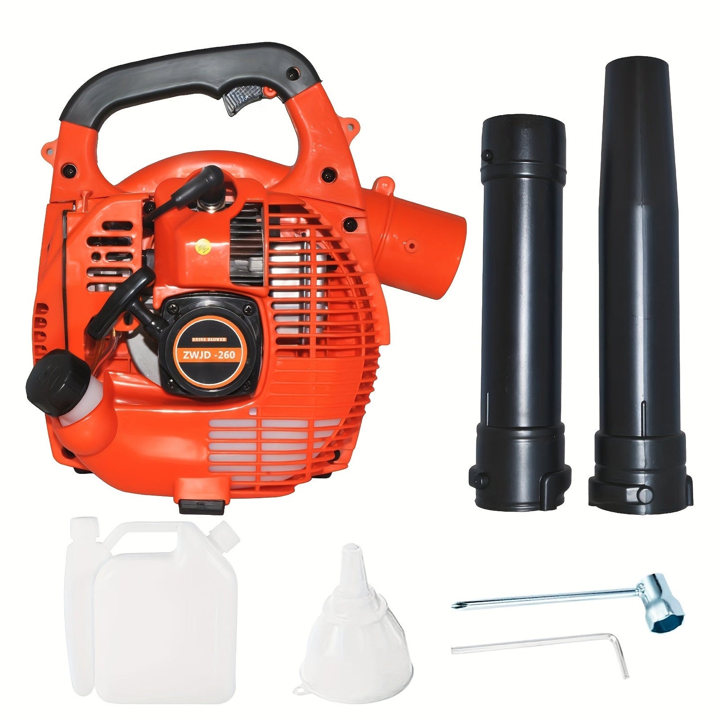 26CC Two-Cycle Gas Leaf Blower in Orange with Handheld Body, Two Straight Tubes, Fuel Container and Funnel