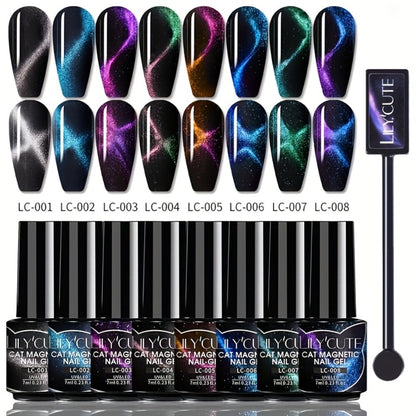 Gel Nail Polish – Cat Eye Magnetic 8pcs Aurora Glitter Black Crystal Semi-Permanent — 3D Light-Shifting Nail Art Gel No Base Color…