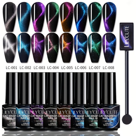Gel Nail Polish – Cat Eye Magnetic 8pcs Aurora Glitter Black Crystal Semi-Permanent — 3D Light-Shifting Nail Art Gel No Base Color…