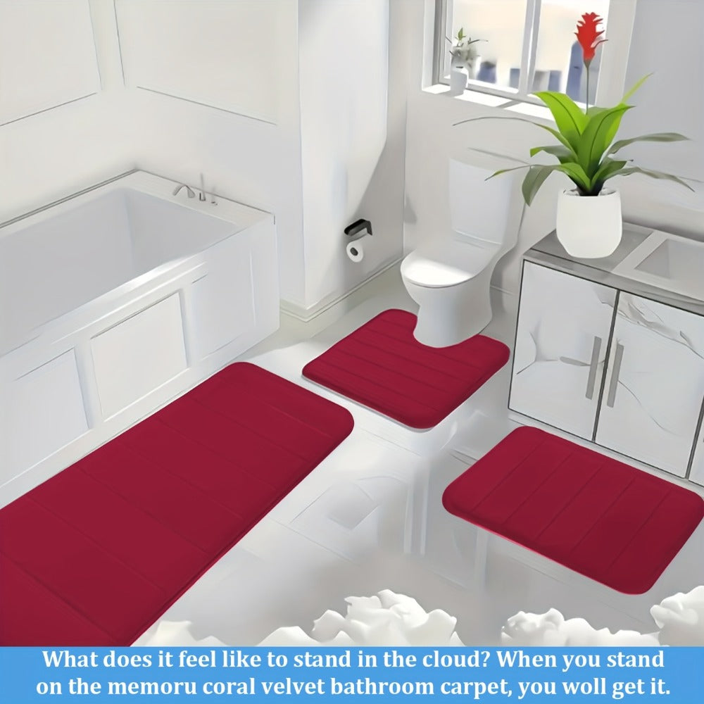 Channel-Stitched Three-Piece Padded Bath Mat Set with Long Runner and Two Matching Rugs in Nine Solid Colors