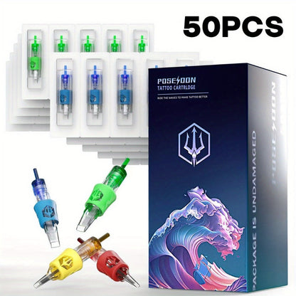 Tattoo Cartridge Needles 50pcs Poseidon V4 Mixed Assorted RL RS RM Magnum Curved Mag Anti-Backflow Membrane Sterile Disposable for Tattoo Pen Machine Lining Shading