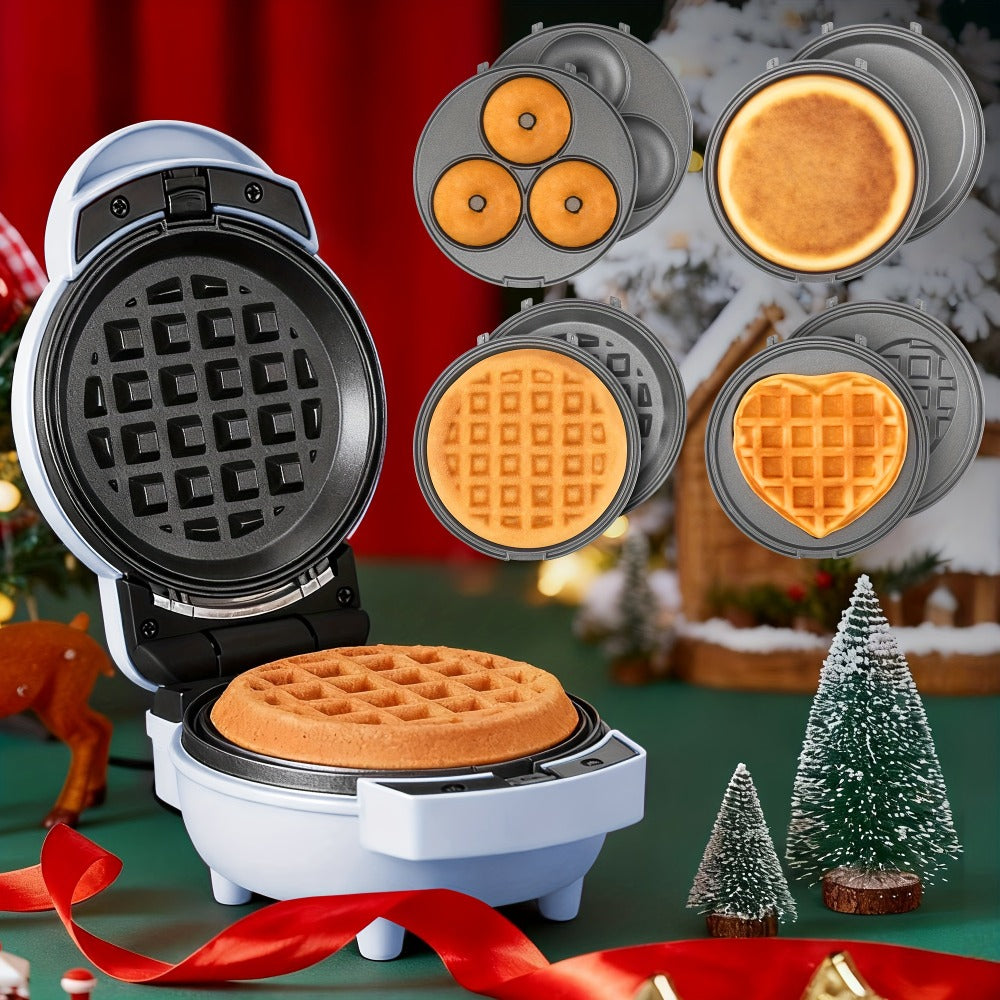 Compact Four-in-One Waffle Maker with Removable Round Plates in Graphite, Red or Blue Checkout Colors