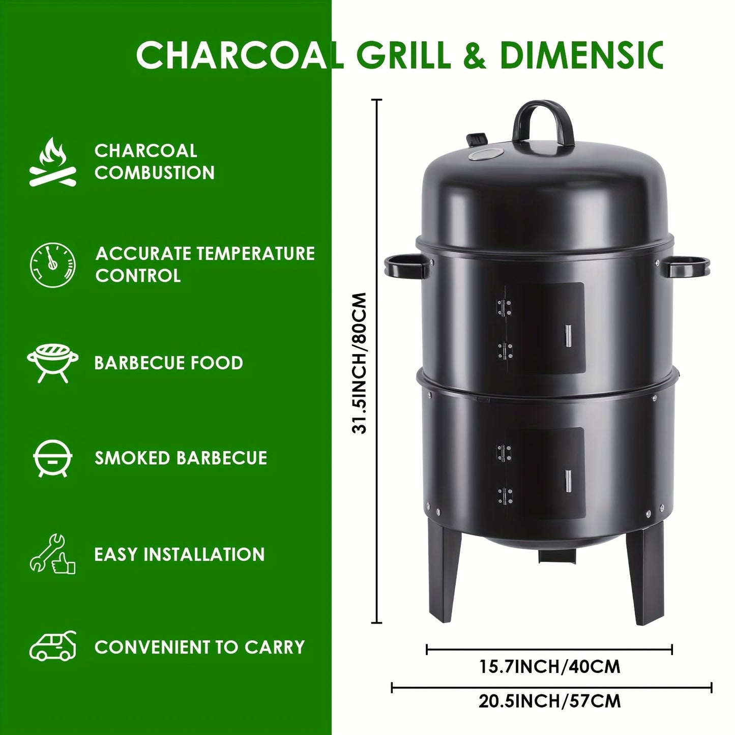 Charcoal Smoker Grill 16 Inch Vertical 3-Tier with Easy Temperature Control, Portable Outdoor Smoker for Simultaneous Smoking Grilling Cooking, Backyard Camping BBQ