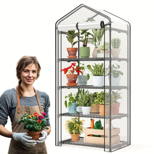 Tiered Greenhouse Shelves 3/4-Tier Portable Mini Plant Greenhouse with PE Cover & Aluminum Frame, Indoor Outdoor Warm House for Seedlings & Flowers, White & Green