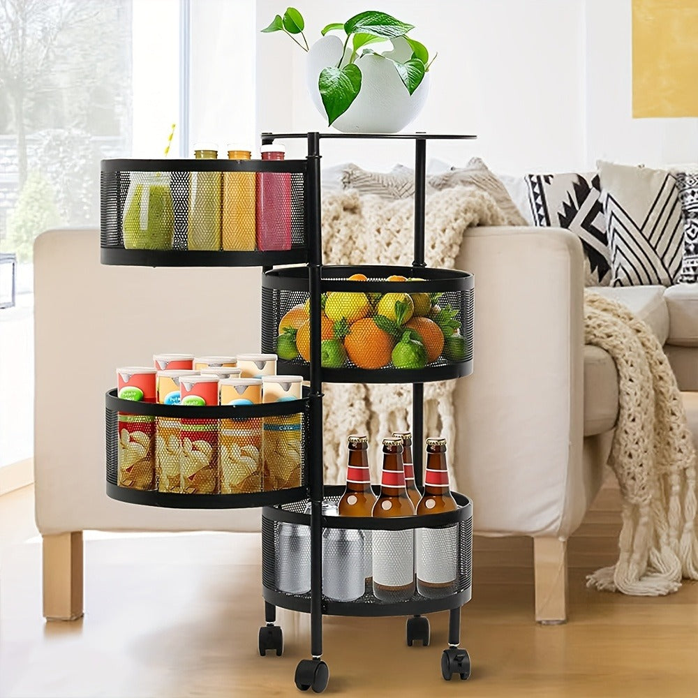 Round-Basket Rolling Storage Rack with Four or Five Mesh Levels, Caster Base and Black or White Finish
