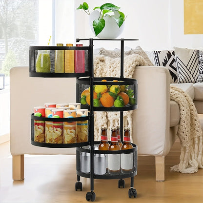 Round-Basket Rolling Storage Rack with Four or Five Mesh Levels, Caster Base and Black or White Finish