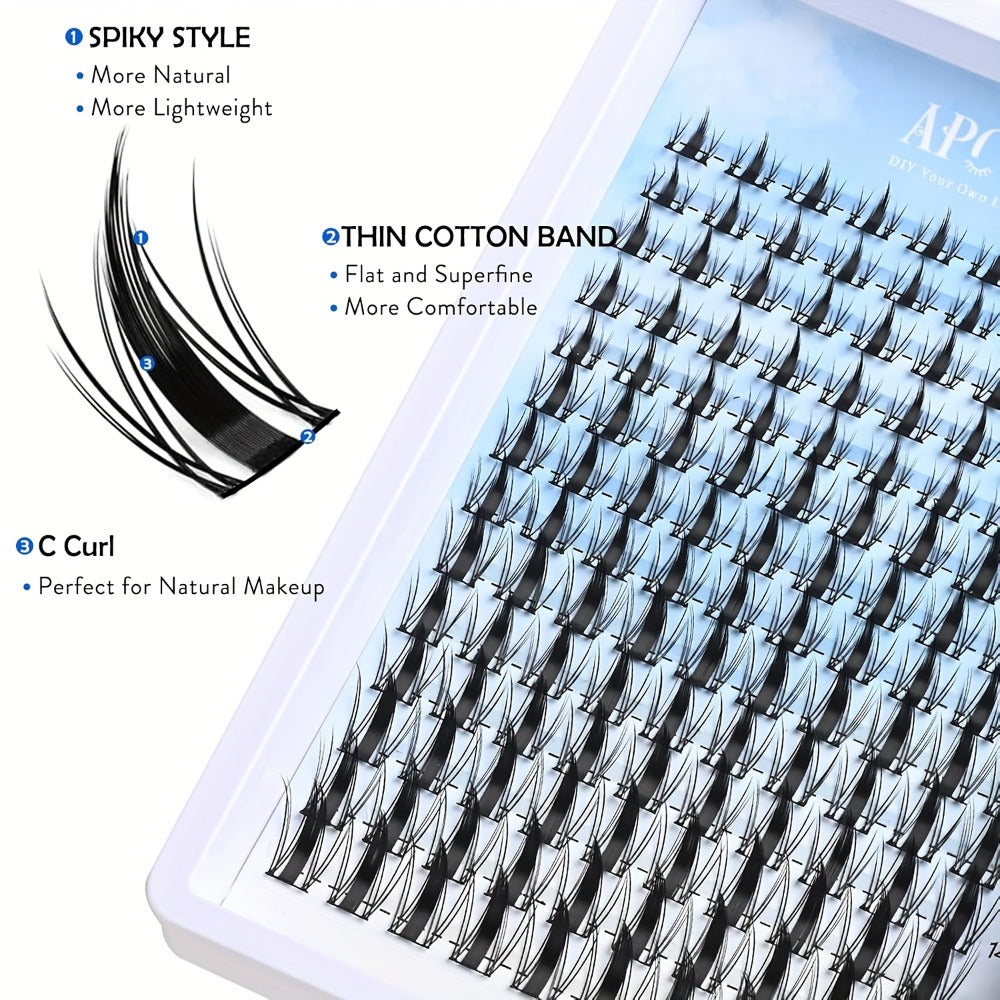 C-Curl Spike Lash Extension Kit with 140 Clusters in Mixed 8-18mm Lengths, Adhesive Tube and Curved Applicator