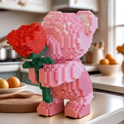 Rose Bear Building Blocks Set 4051 Pieces – Romantic Bear Holding Rose Brick Model Kit High-Difficulty Display Build, Unique Valentine's Day Anniversary Birthday Gift for Girlfriend Wife