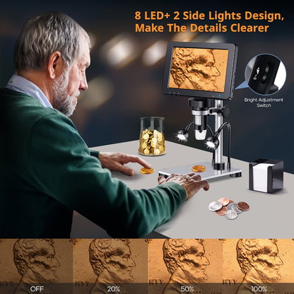 DM9 7-Inch LCD Digital Microscope 1200X 1080P 12MP | 10 Adjustable LED Lights, Super Precise Focus Welding & Coin Microscope for Adults, PC Compatible, STEM Science Gift for Men
