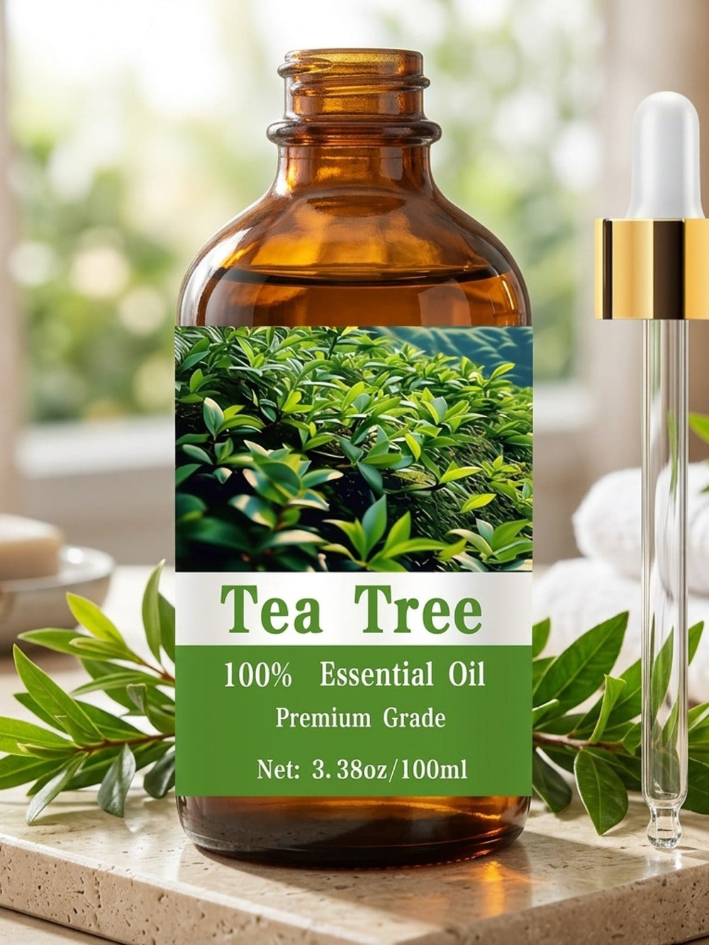 Tea Tree Essential Oil 100ml 100% Pure Natural — Nail Fungus Cuticle Hair Scalp Skin Care Massage Aromatherapy Diffuser Antibacterial Antifungal Gift for Men Women 3.38oz