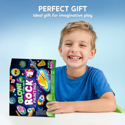 Rock Painting Kit for Kids Glow in the Dark – 10 Rocks Metallic & Glow Paints Gems Glitter Brushes Stickers All-in-One Craft Set for Boys Girls Ages 6+ Birthday Easter Christmas Gift