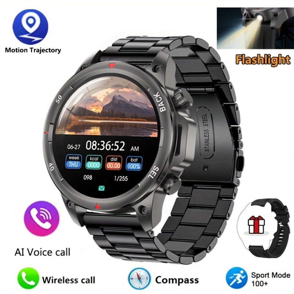 GPS NFC Smartwatch for Men – AI Voice Calling, 360×360 HD Screen, Built-in Compass, Motion Trajectory, Heart Rate Sleep Fitness Tracker – Outdoor Sports Watch Black Silver Steel