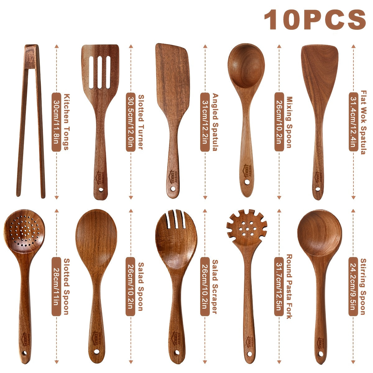 Wooden Spoons for Cooking 10 Pcs – Teak Wood Kitchen Utensils Set, Non-Stick Safe Spatulas & Spoon Cooking Tools