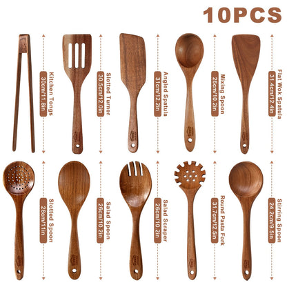 Wooden Spoons for Cooking 10 Pcs – Teak Wood Kitchen Utensils Set, Non-Stick Safe Spatulas & Spoon Cooking Tools