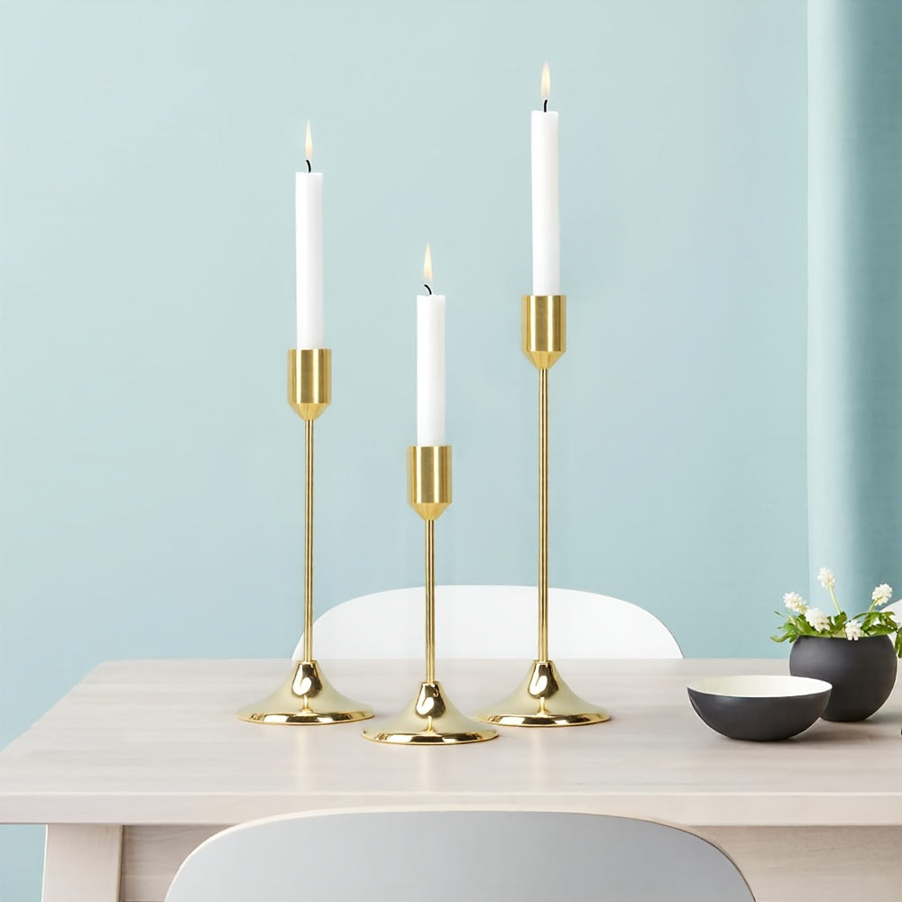 Gold-Tone Cast Iron Taper Candle Holder Set of Six with 15cm, 19cm and 22cm Single-Stem Heights