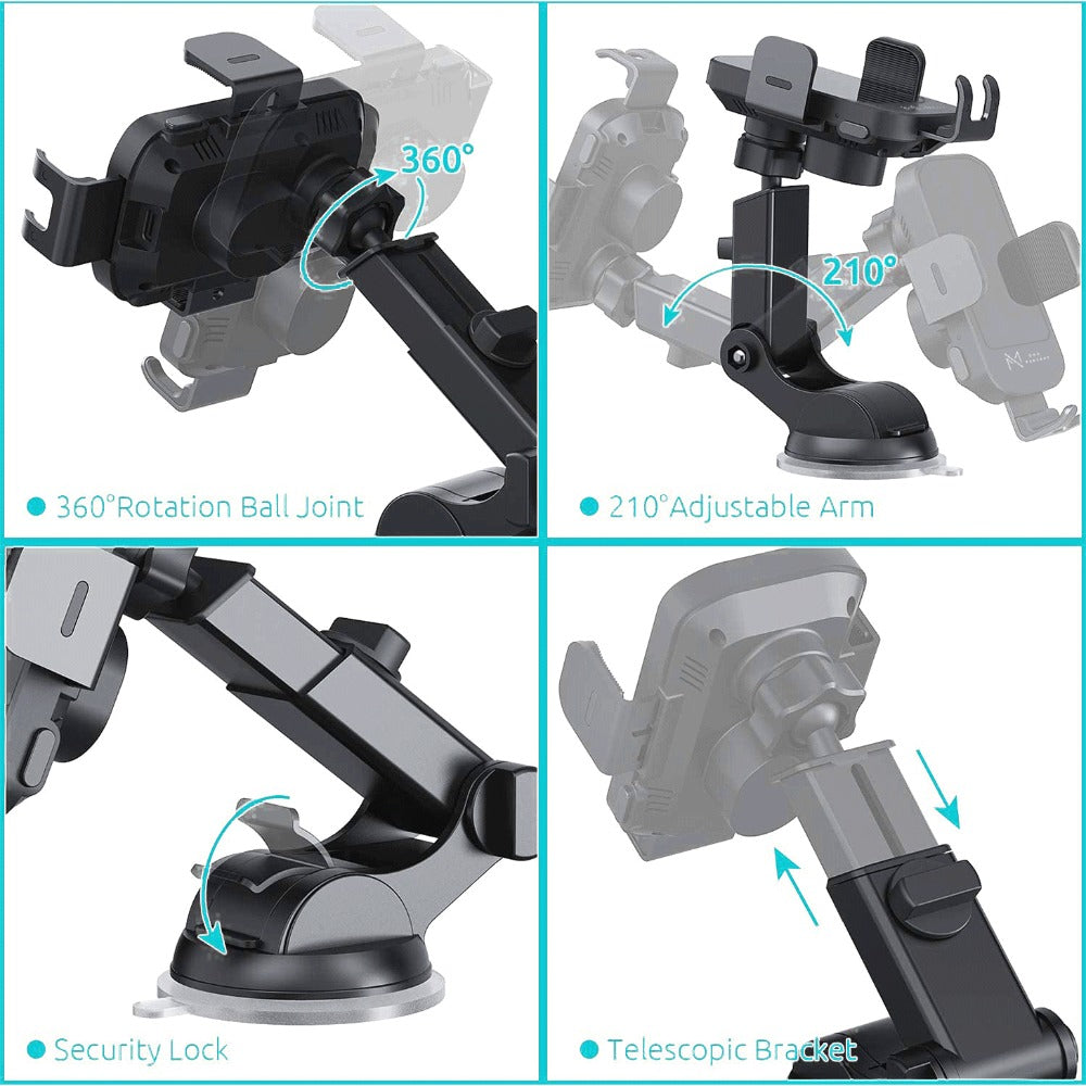 15W Auto-Clamping Wireless Car Phone Mount with Dashboard Suction Base and Blue or Gold Finish