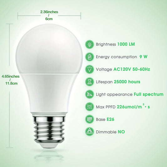 Grow Light Bulb A19 E26 Full Spectrum 9W 100W Equivalent | Natural White 4000K LED Plant Bulb for Indoor Plants Seed Starting | 2 4 6 12 Pack Options