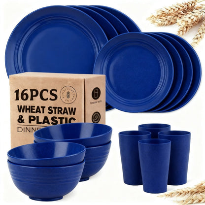 Wheat Straw Dinnerware Set 16 or 32 Piece – Plates & Bowls for 4 or 8 People, Microwave & Dishwasher Safe Plastic Dish Set, Lightweight Colorful Tableware for Home, Party & Holiday