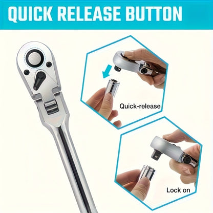 Ratchet Wrench Set 3-Piece & 6-Piece | 72-Tooth 1/4" 3/8" 1/2" Drive Flexible Head Quick Release Ratchet Handle with EVA Sponge Tool Kit – 180° Adjustable Bendable Ratchet