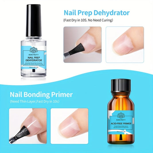 Gel Nail Prep Kit 4-Piece BORN PRETTY — Nail Dehydrator 15ml, Primer 15ml, Base Gel 10ml & Super Top Coat 10ml for Semi-Permanent Long-Lasting Gel Manicure, Salon & Home Use
