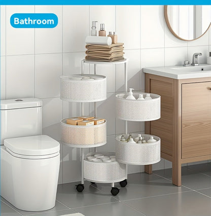 Round-Basket Rolling Storage Rack with Four or Five Mesh Levels, Caster Base and Black or White Finish