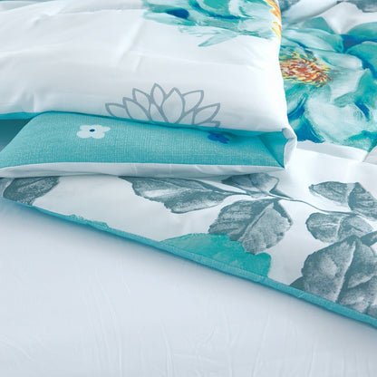 Teal Floral Comforter Set Twin Queen King Gradient Oil Painting Style Botanical Luxury Quilt Bedding Soft Microfiber All Season Bed in a Bag Gift