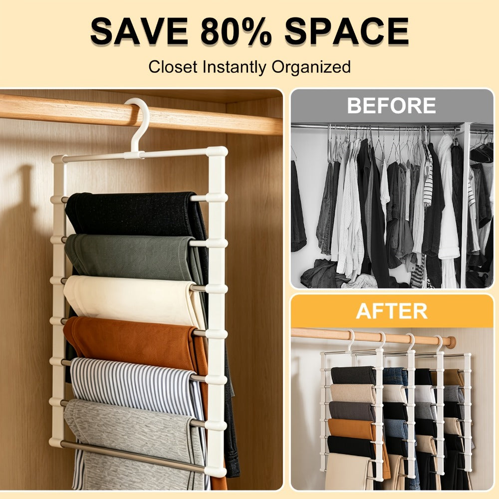 Foldable Multi-Layer Pants Hangers in Four- or Eight-Piece White Sets for Jeans, Scarves and Trousers