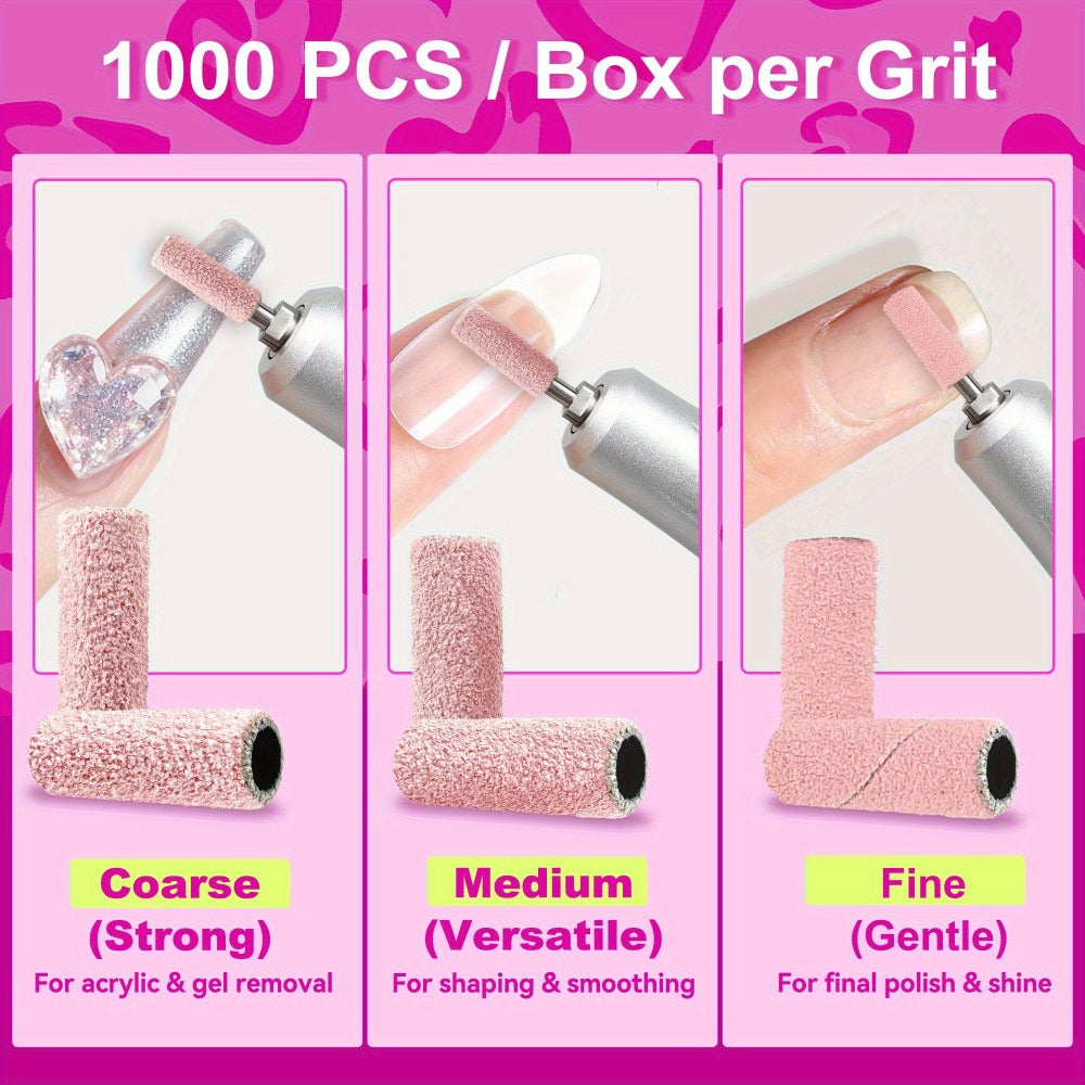 1000-Piece Nail Sanding Band Set with Mandrel, Coarse, Medium or Fine Grit Options for Nail Drill Filing