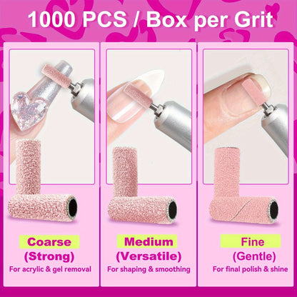1000-Piece Nail Sanding Band Set with Mandrel, Coarse, Medium or Fine Grit Options for Nail Drill Filing