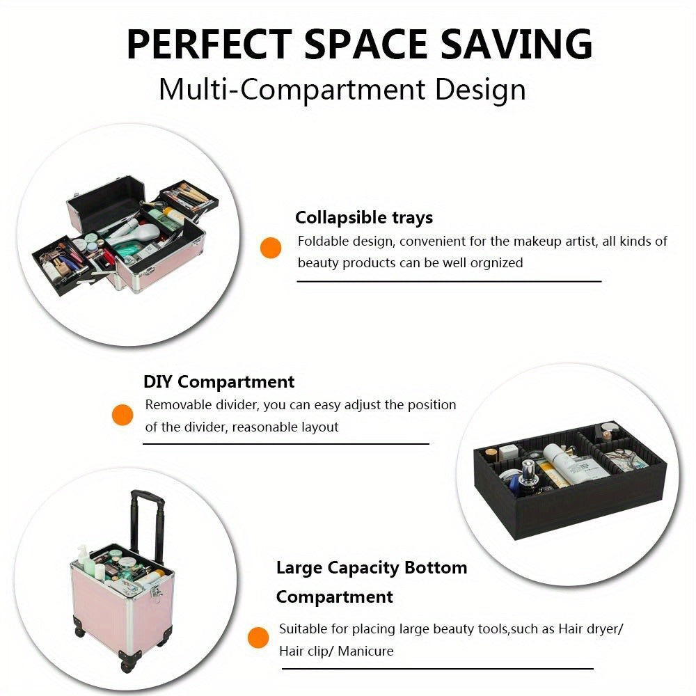 Four-Section Rolling Makeup Train Case with Removable Stack, Telescoping Handle and Four Color Finishes