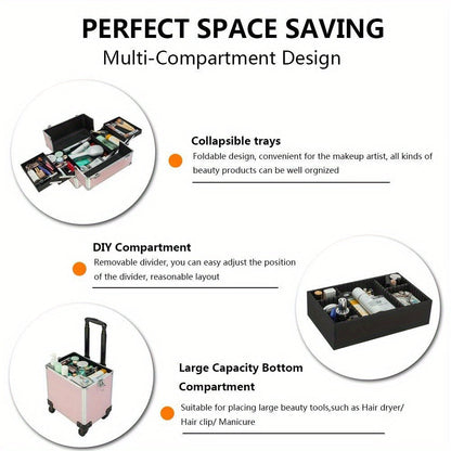 Four-Section Rolling Makeup Train Case with Removable Stack, Telescoping Handle and Four Color Finishes