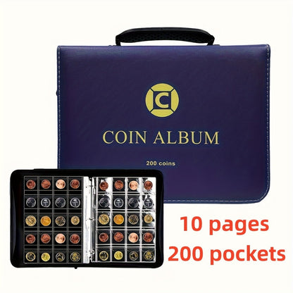 200-Pocket Coin Collection Album with 10 Pages, Zipper Handle and Black or Blue Cover for Adult Collectors