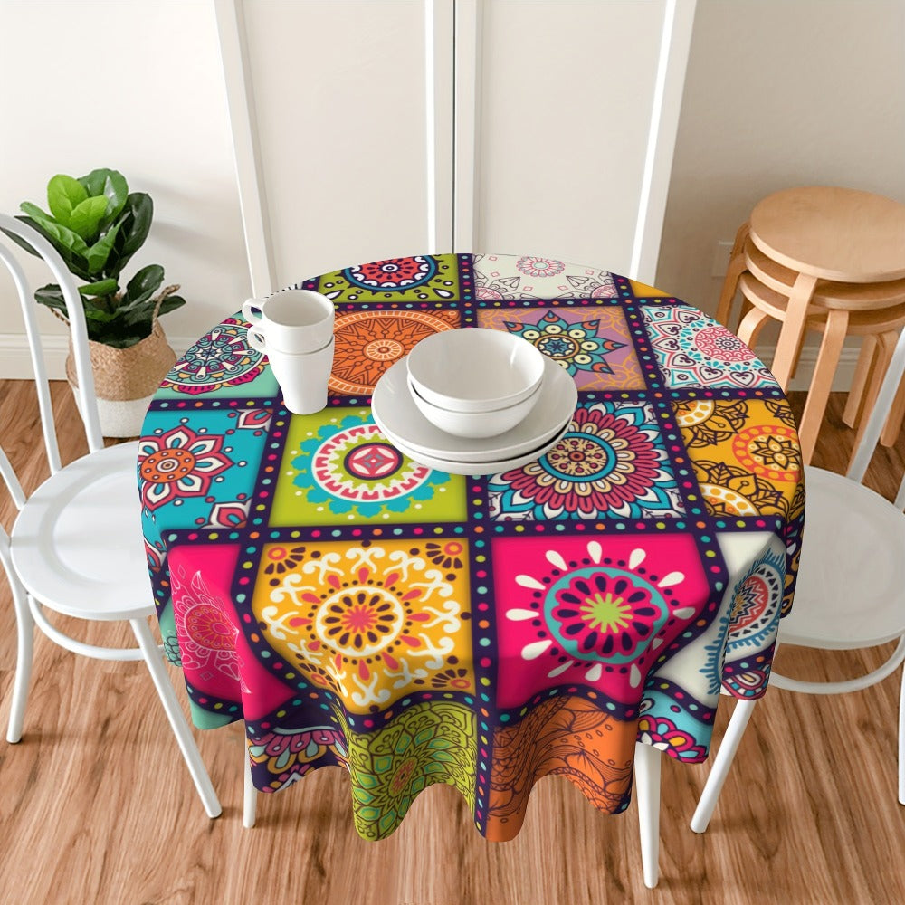 Tablecloth with Colorful Patchwork Mandala Print in Round, Square and Rectangle Size Options