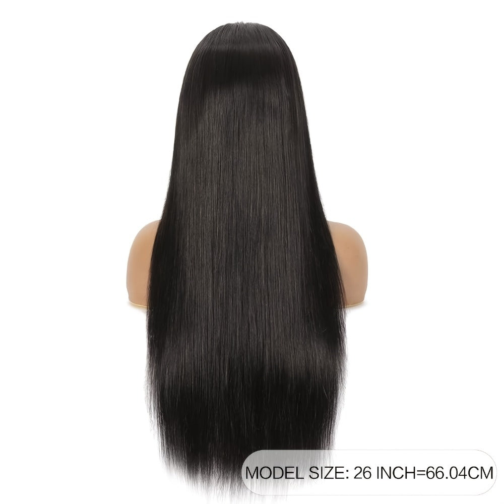 Synthetic Wig 26-Inch Black Straight Style with Full Bangs, Heat-Resistant Fiber and Machine Cap